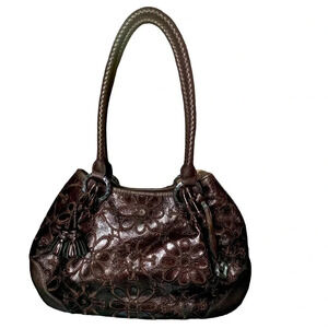 Brighton Retired Valencia Floral Embroidered
Metallic Brown Leather Bag